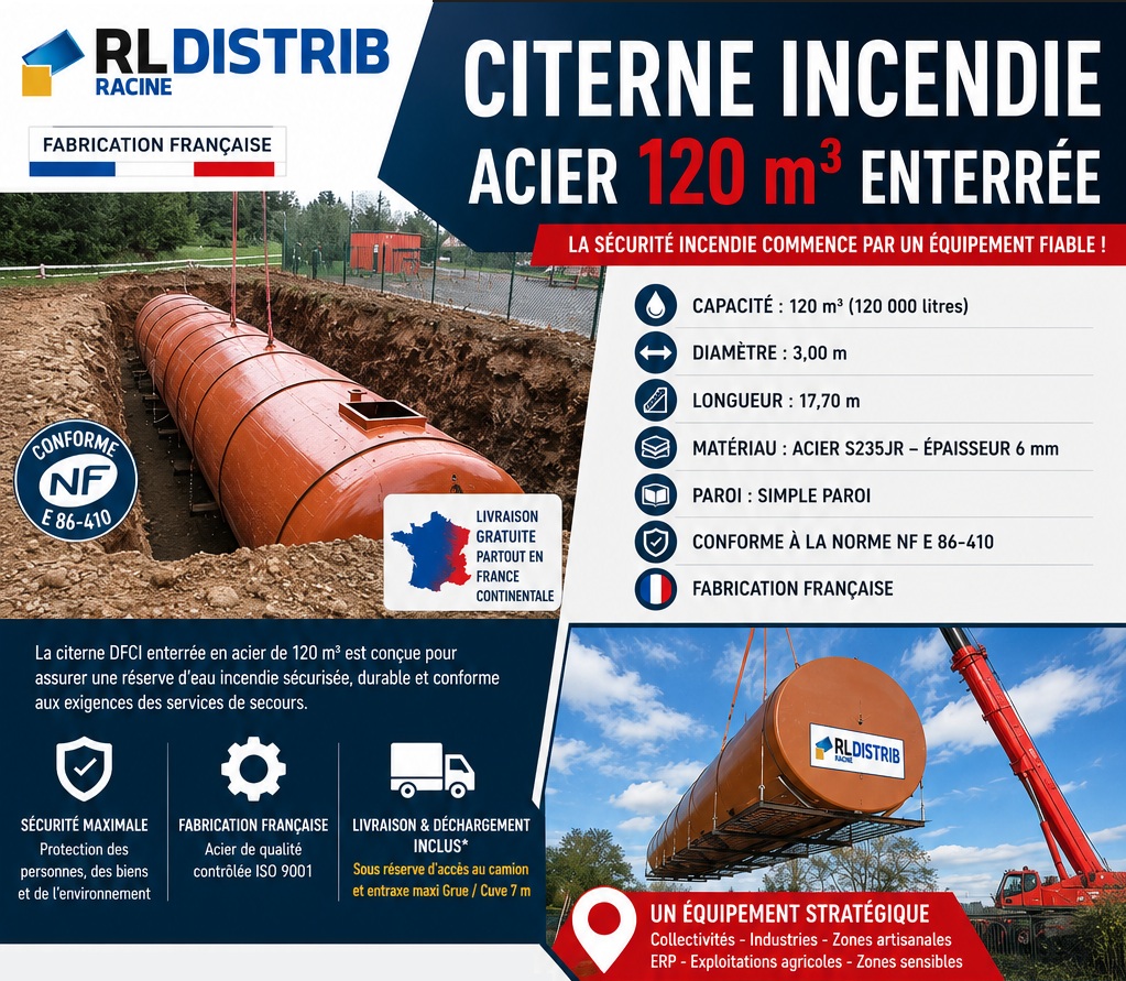 Citerne incendie enterr&eacute;e acier 120 m&sup3; - DFCI France